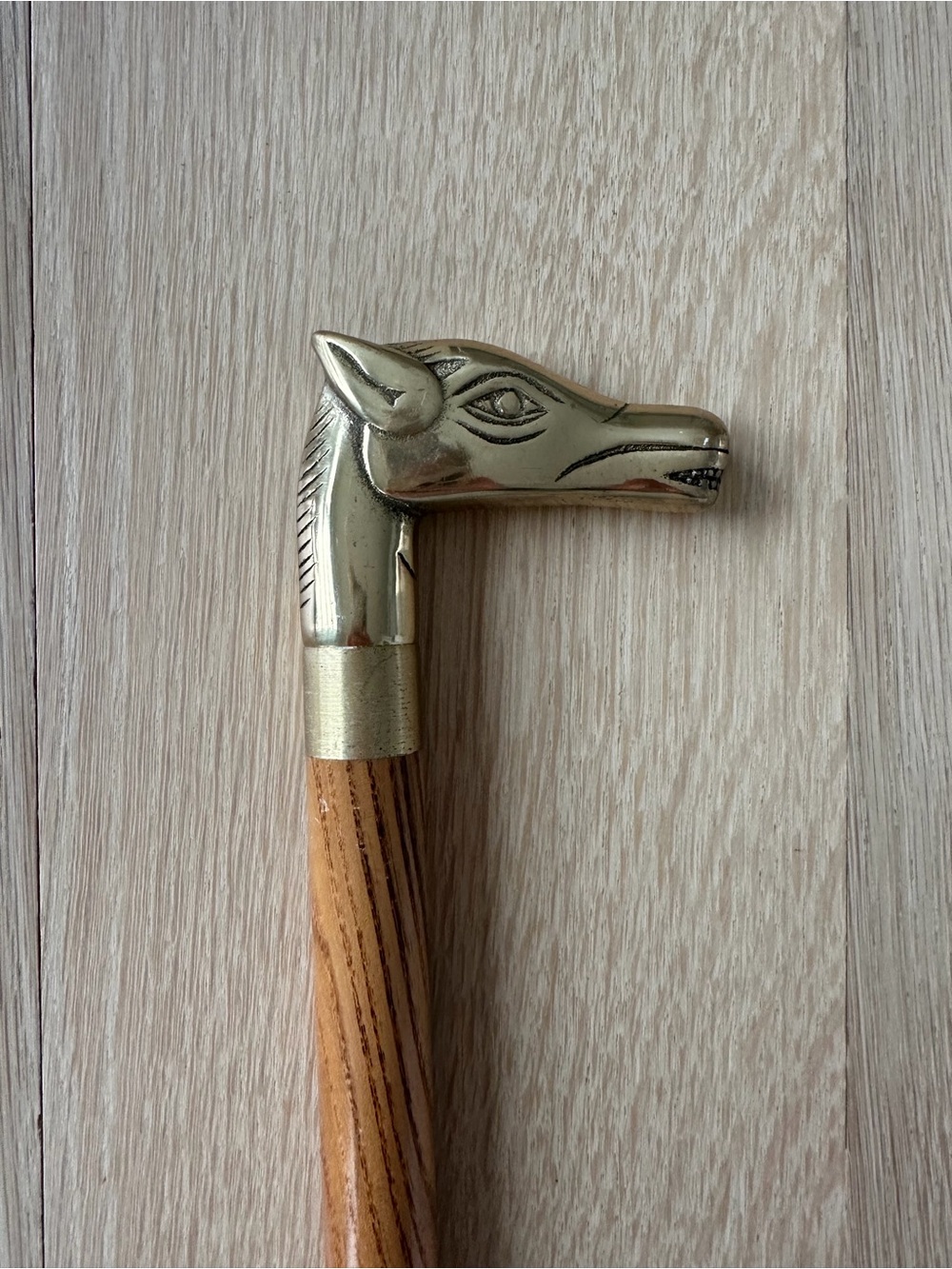 Brass Dog-Head Accent Walking Cane - Gold and Wood